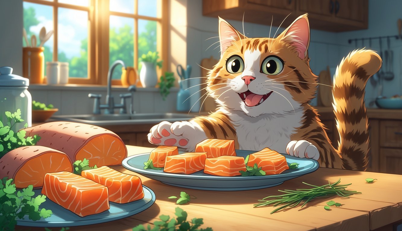 A cat eagerly reaching for a plate of salmon and sweet potato treats on a kitchen countertop with ingredients around.