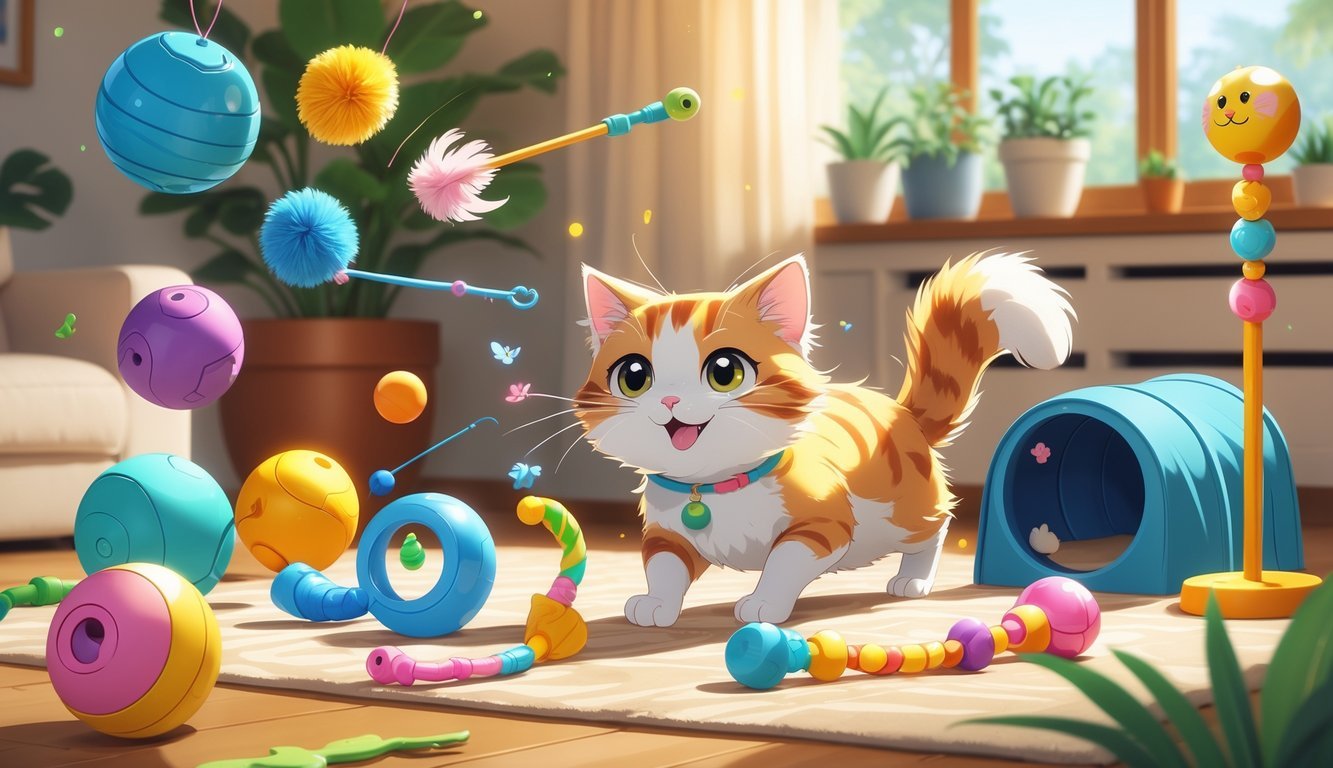 A lively cat playing with various colorful indoor cat toys in a cozy living room.