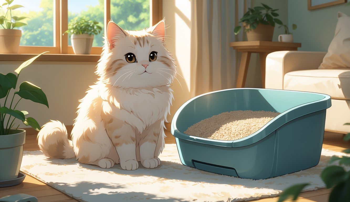 A fluffy cat sitting contentedly next to a clean cat litter box in a cozy indoor setting with natural light and home decorations.