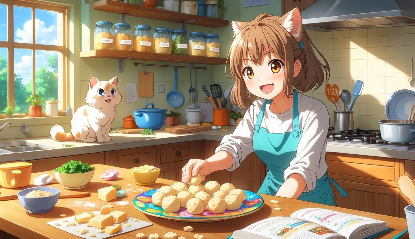 A person preparing chicken and cheese meatballs on a table while a curious cat watches eagerly in a cozy kitchen.
