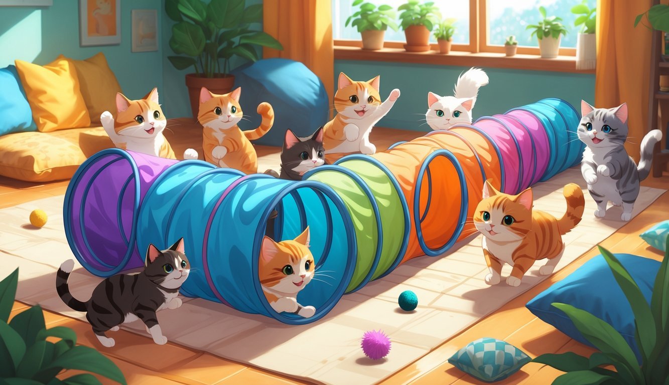 Several playful cats interacting with a colorful collapsible cat tunnel inside a bright and cozy room filled with cat toys and plants.