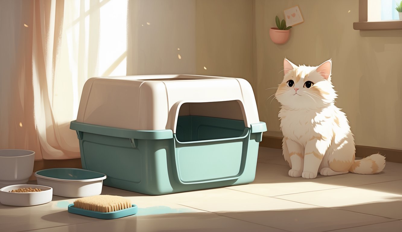 A cat sitting next to a sturdy litter box with high sides in a clean, cozy indoor setting with cat care items nearby.