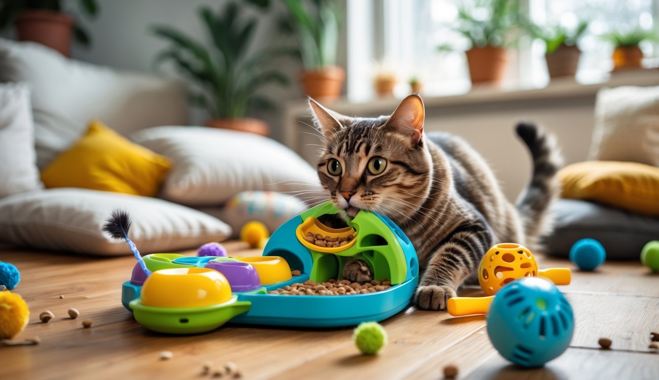 A cat playing with a puzzle feeder and various indoor toys in a cozy room filled with natural light.