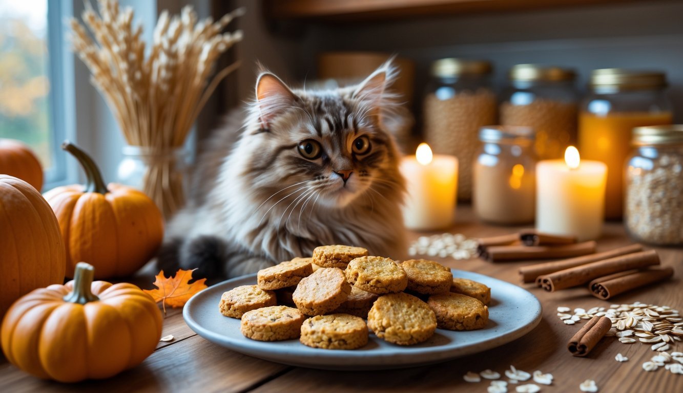 A cat eagerly looking at a plate of pumpkin and oat treats on a wooden table surrounded by autumn decorations in a cozy kitchen.