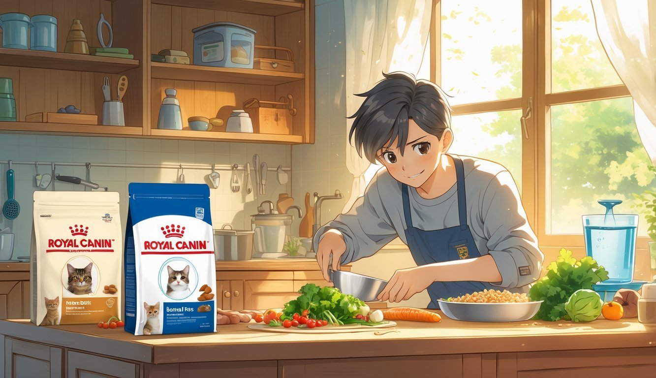 A person preparing a meal for a healthy cat in a cozy kitchen with cat food bags and pet care items on shelves nearby.