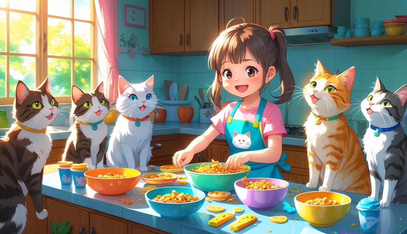 A young girl in a kitchen making homemade cat treats while several cats watch her eagerly.