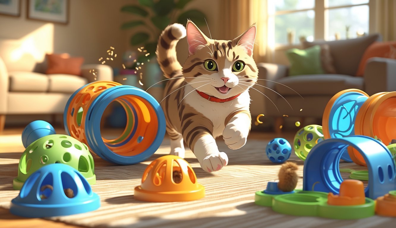 A cat playing with various colorful indoor cat toys in a cozy living room.