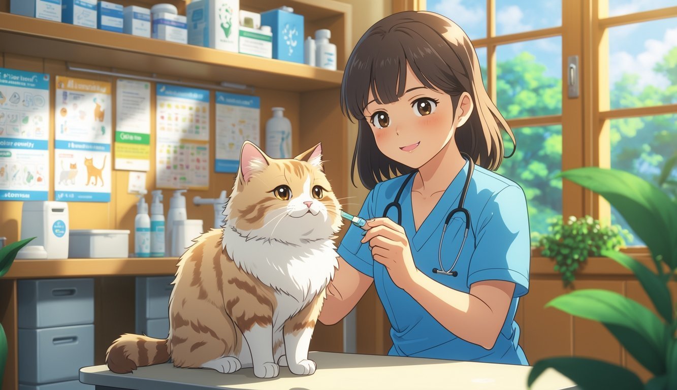 A veterinarian preparing to vaccinate a calm cat on an examination table while the pet owner watches attentively in a cozy veterinary clinic.