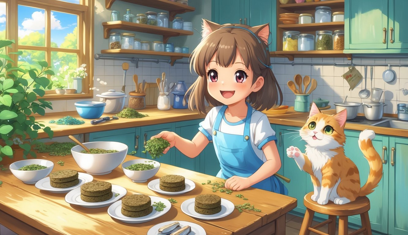 A girl in a kitchen making homemade cat treats while a cat watches eagerly from a stool nearby.