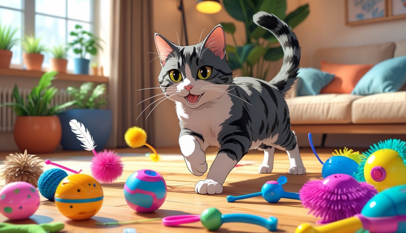 A playful cat surrounded by various colorful indoor cat toys in a cozy living room.