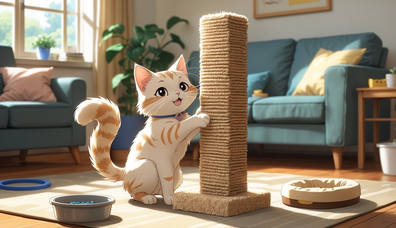 A cat happily scratching a tall scratching post in a cozy living room with furniture and cat care items neatly arranged around.