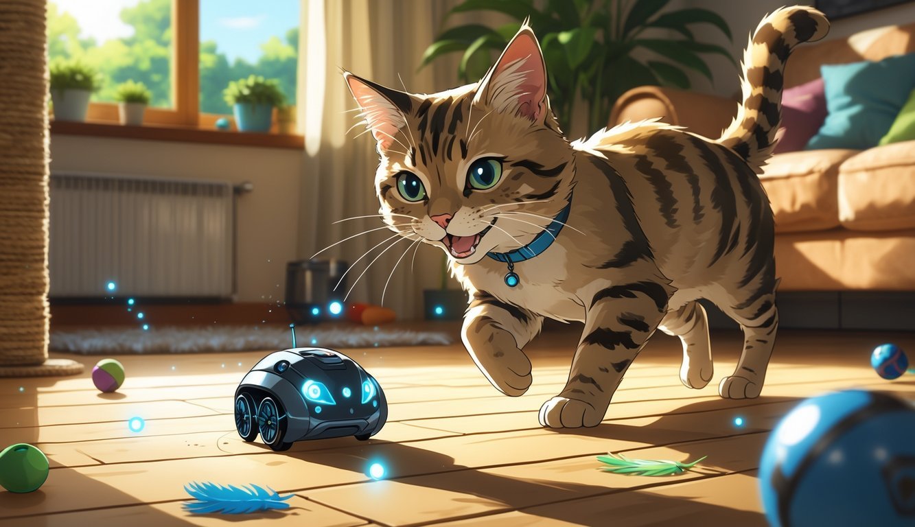 A cat playing indoors with a small robotic toy on a wooden floor surrounded by other cat toys in a cozy living room.