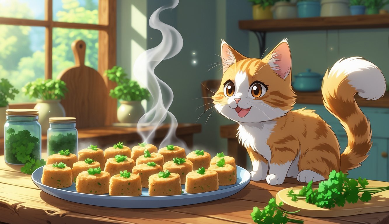 A cute cat eagerly looking at a plate of homemade turkey and parsley bites on a wooden table in a cozy kitchen.