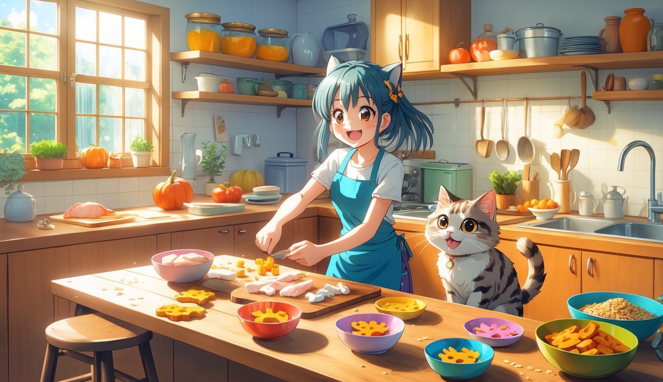A person in a bright kitchen making homemade cat treats while a fluffy cat watches eagerly nearby.