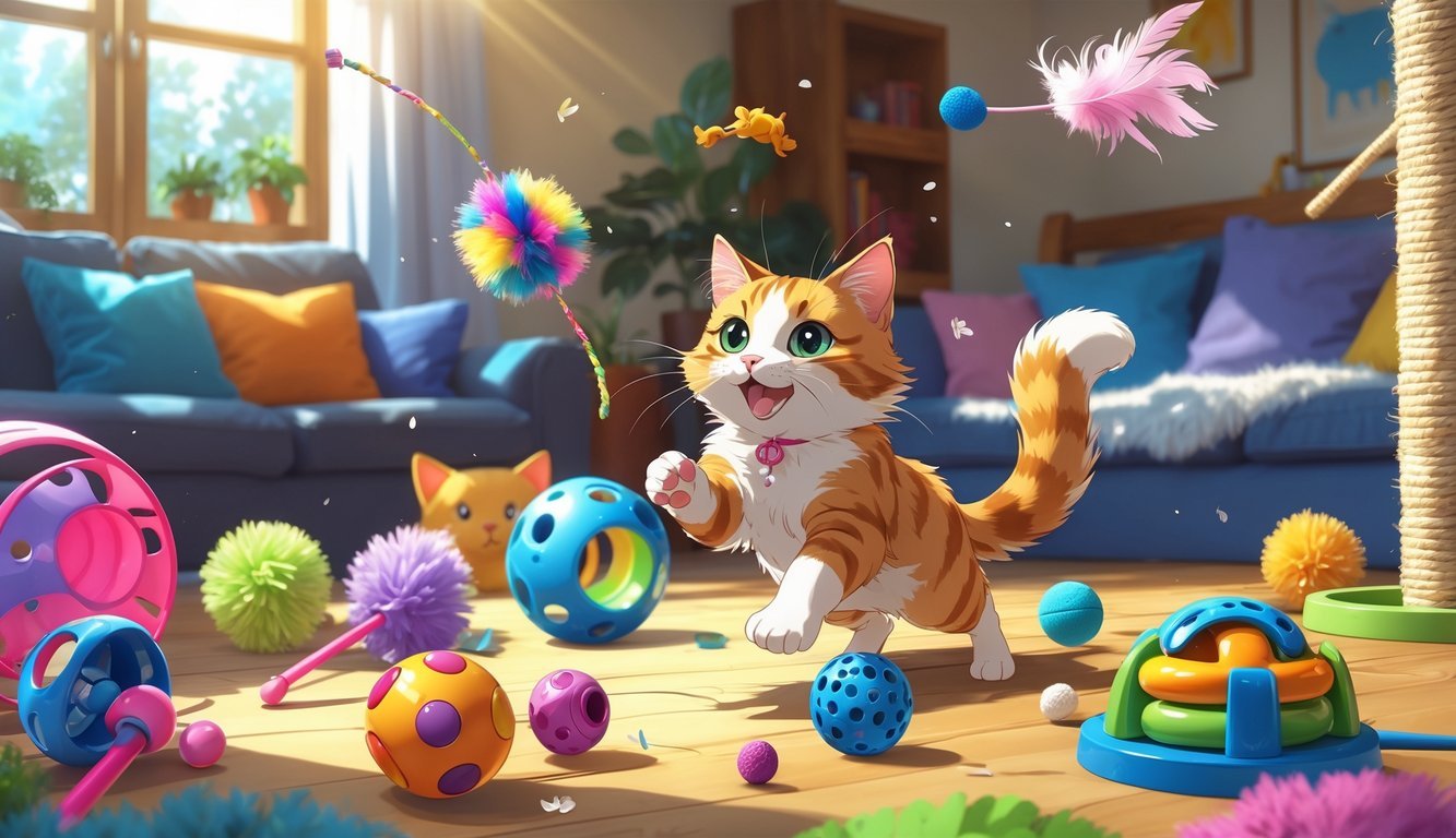 A playful cat surrounded by various indoor cat toys in a cozy living room, happily engaging with a colorful catnip toy.