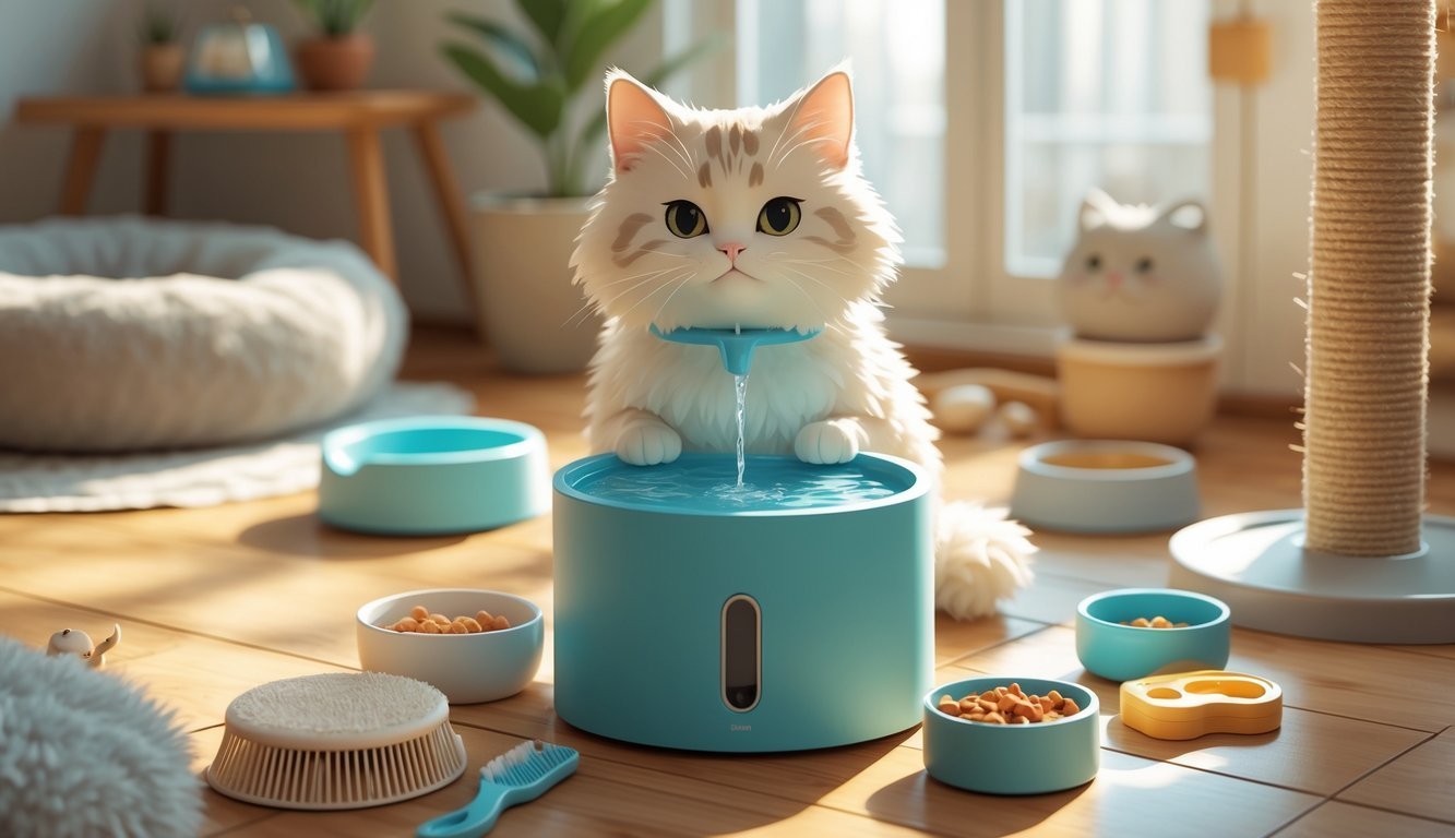 A cat drinking water from a pet water fountain indoors, surrounded by cat care items including a bed, scratching post, toys, and grooming tools.