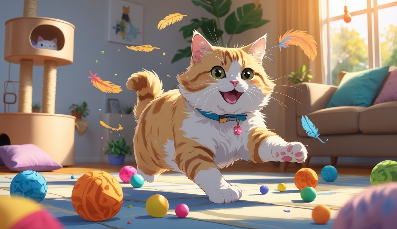 A fluffy cat playing enthusiastically with several colorful cat toys in a cozy indoor living room.