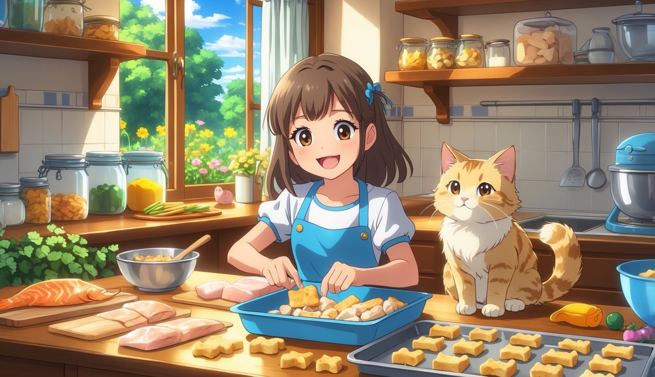 A girl preparing homemade cat treats in a warm kitchen while a cat watches her eagerly.