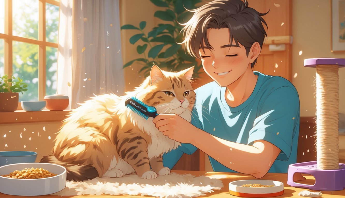 A person gently grooming a relaxed cat with a de-shedding tool in a cozy, sunlit room.