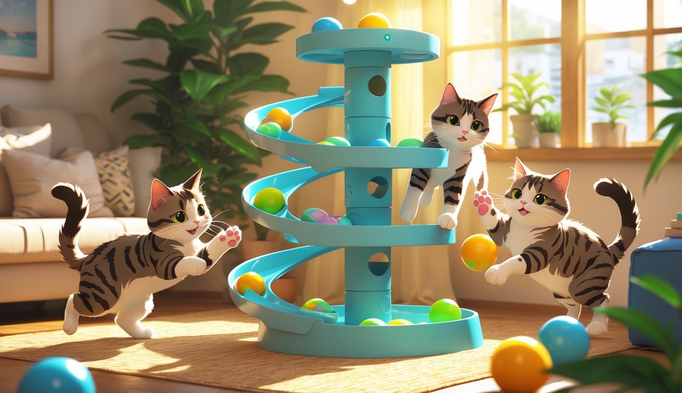 Indoor scene showing several cats playing on a tall multi-level cat toy tower with rolling balls inside circular tracks.
