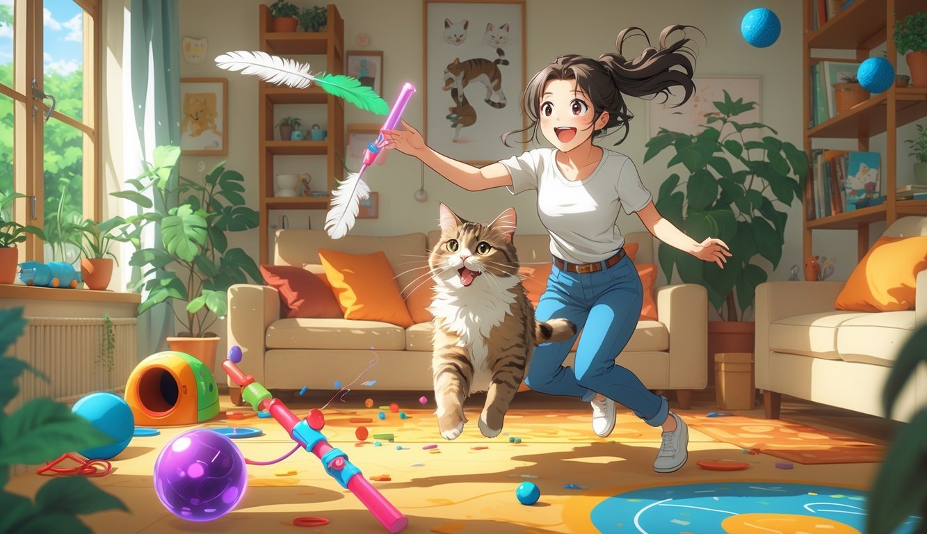 A young woman playing with her indoor cat in a cozy living room filled with various cat toys, as the cat leaps excitedly to catch a feather wand.