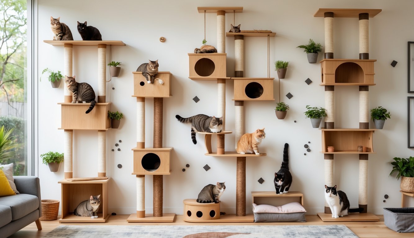 Indoor scene showing several cats climbing and resting on cat trees and wall shelves arranged vertically in a bright living room.