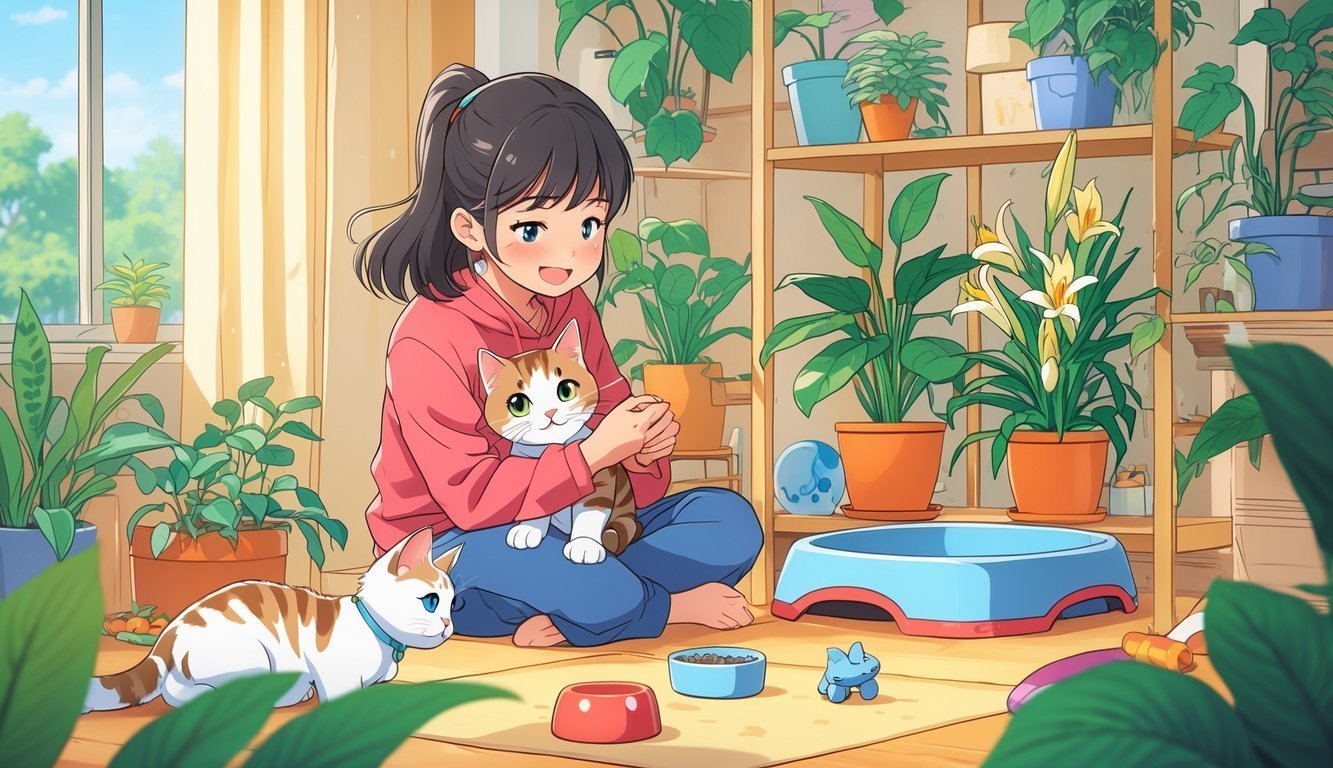 A person caring for a kitten in a bright room with safe plants and cat supplies, keeping harmful plants out of reach.