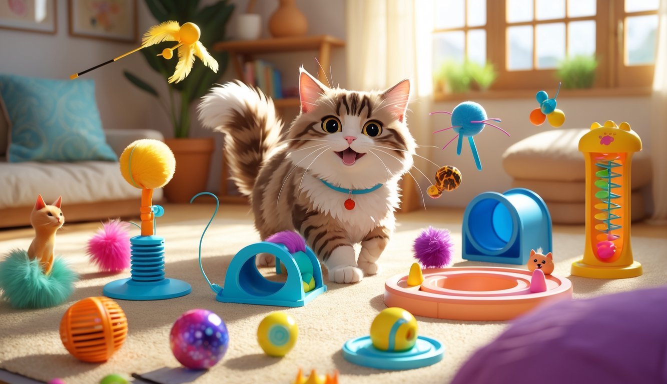 A playful cat interacting with multiple indoor toys in a cozy room filled with cat furniture.