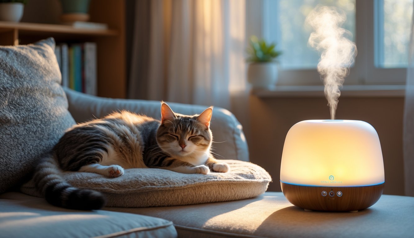A cat resting peacefully on a cushion beside a diffuser emitting gentle mist in a calm, cozy living room.