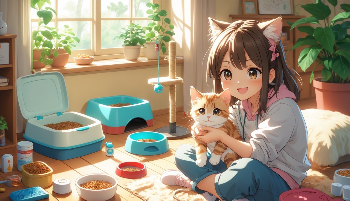 A young person gently holding a playful kitten in a cozy room with cat care items like a litter box, food bowls, scratching post, and grooming tools nearby.