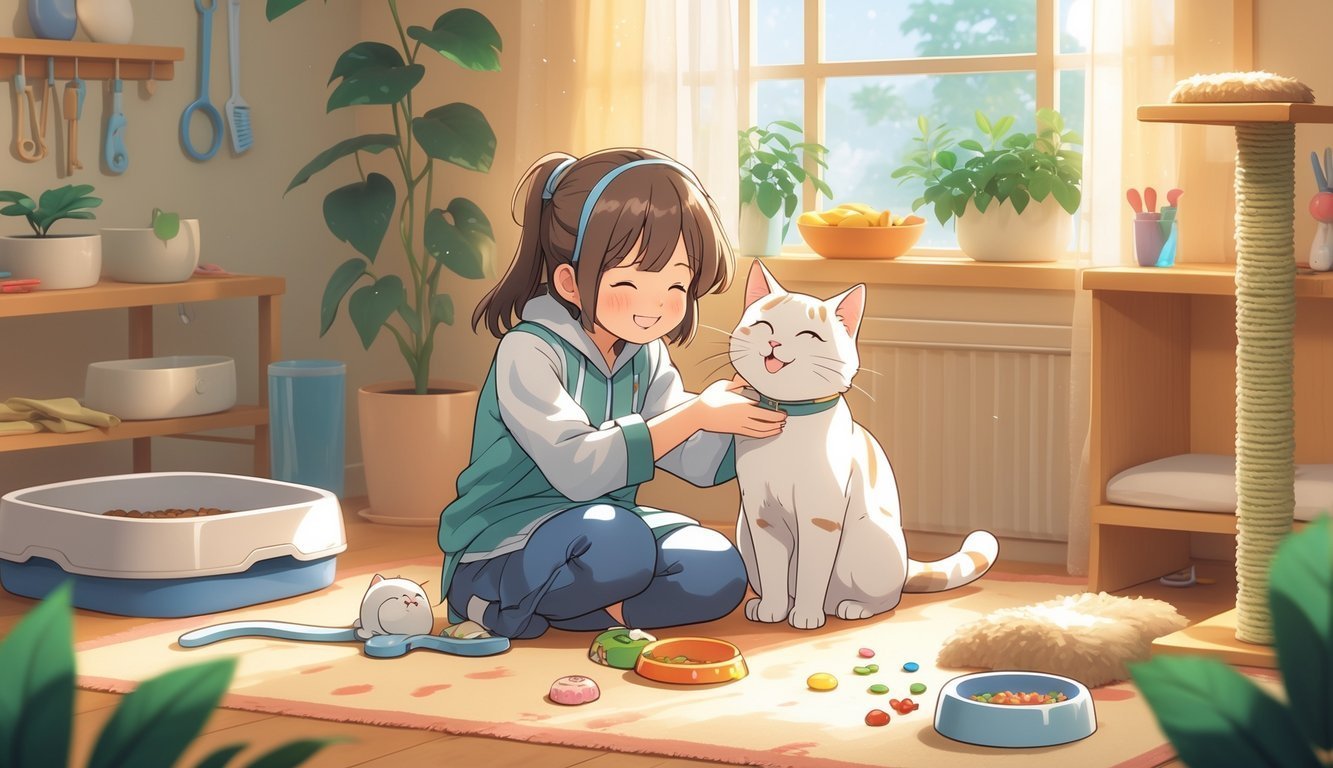 A person gently petting a happy cat in a cozy home with cat care items like a bed, litter box, food bowls, toys, and a scratching post nearby.
