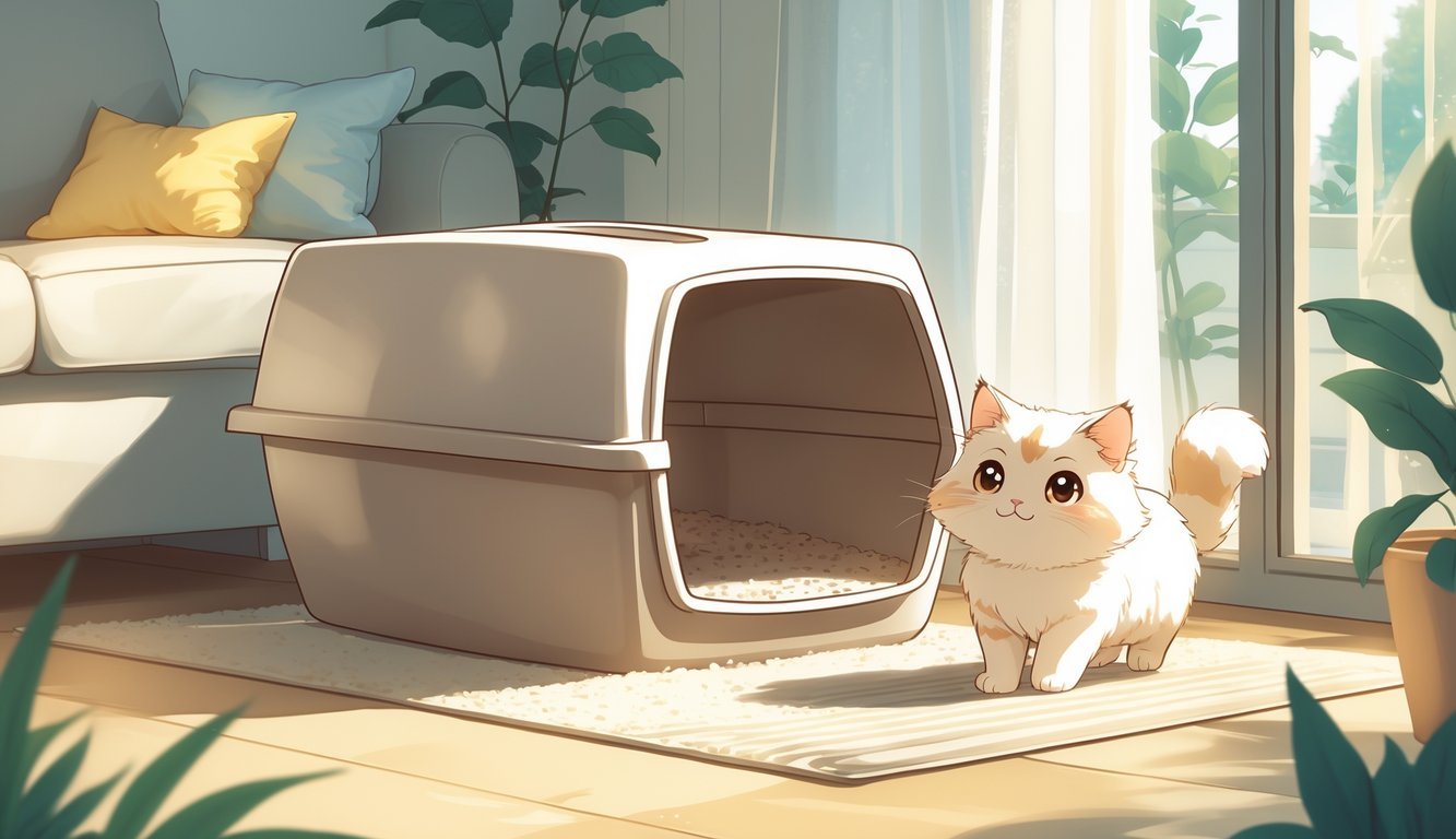 A fluffy cat approaches a large, uncovered litter box in a clean, sunlit room with a soft mat and a small plant nearby.