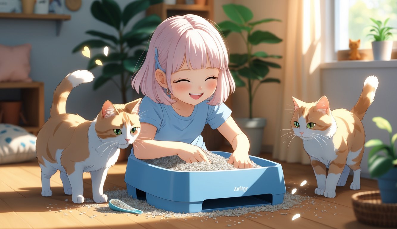 A young girl cleaning a cat litter box while two cats play nearby in a bright, tidy room.