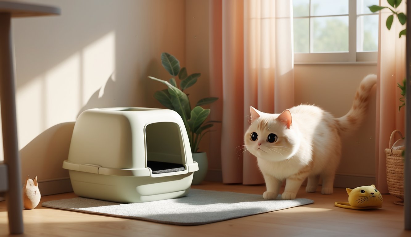 A quiet corner of a room with a clean litter box on a mat and a calm cat approaching it.