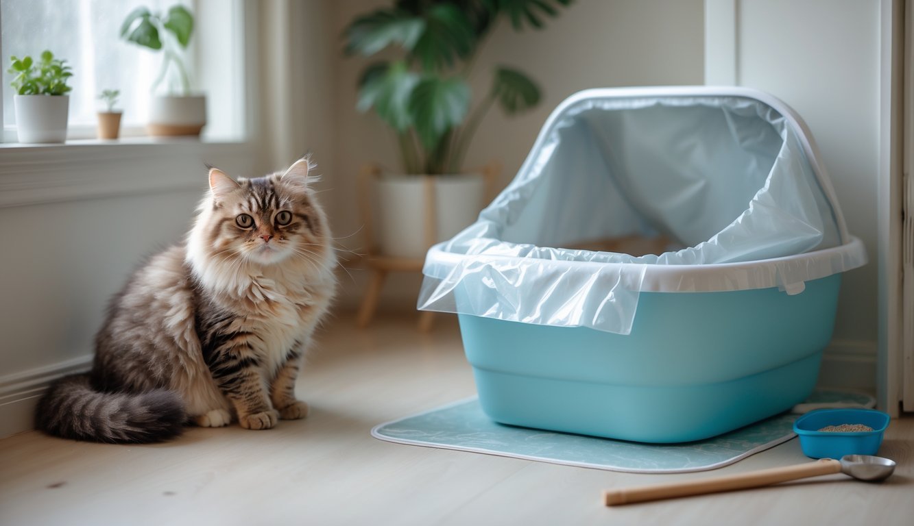 A fluffy cat sitting beside a clean litter box lined with a waterproof liner in a bright, tidy corner of a home.