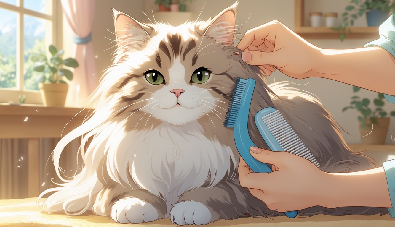 A long-haired cat being gently brushed with a slicker brush indoors, looking calm and content during grooming.