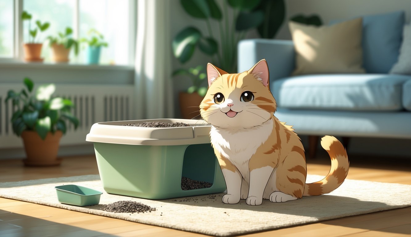 A happy cat sitting next to a clean litter box in a tidy room with plants and natural light.