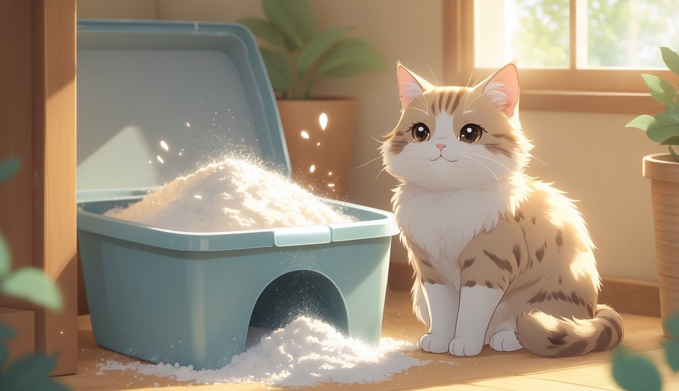A cat sitting happily next to a clean litter box with baking soda sprinkled under the litter in a cozy home corner.