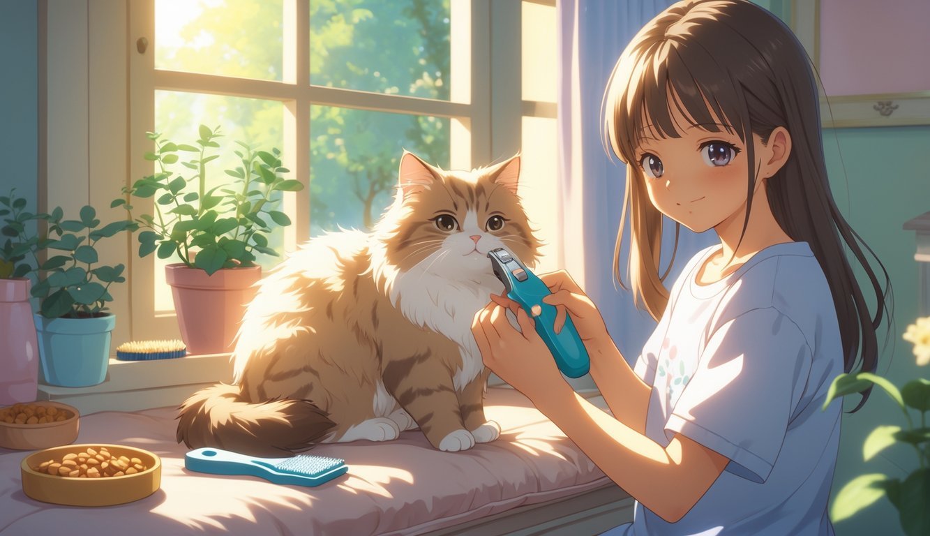 A girl gently trimming her cat's nails while the cat sits calmly on a windowsill in a cozy room.