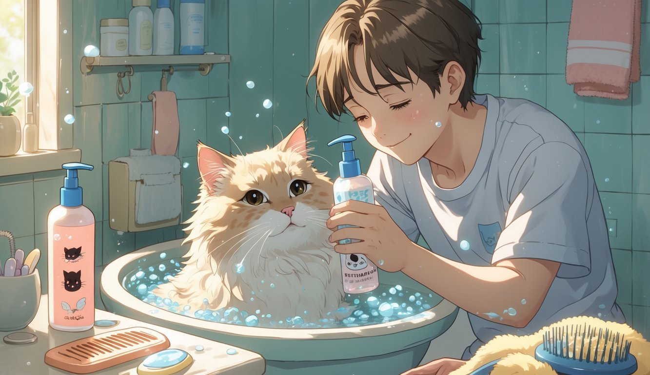A person gently bathing a fluffy cat in a small bathroom with bubbles and grooming tools nearby.