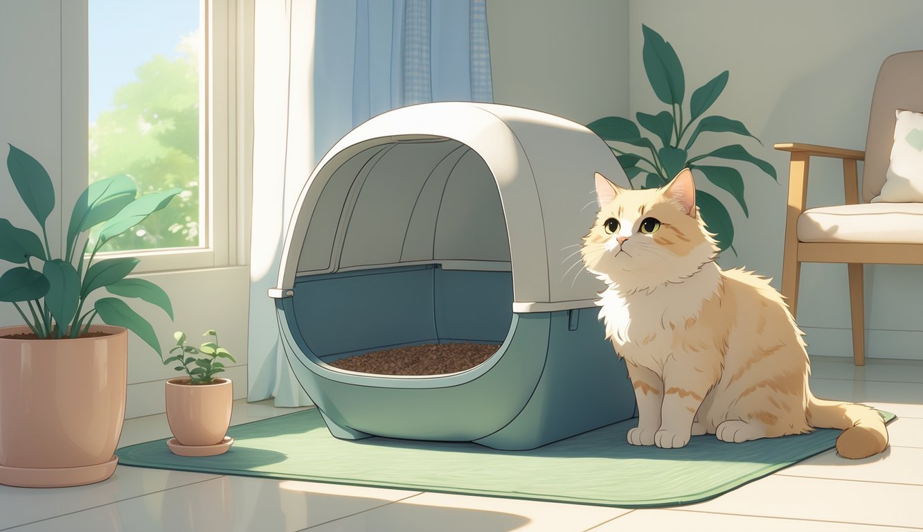 A cat sitting near an enclosed litter box in a clean, cozy room with natural light.