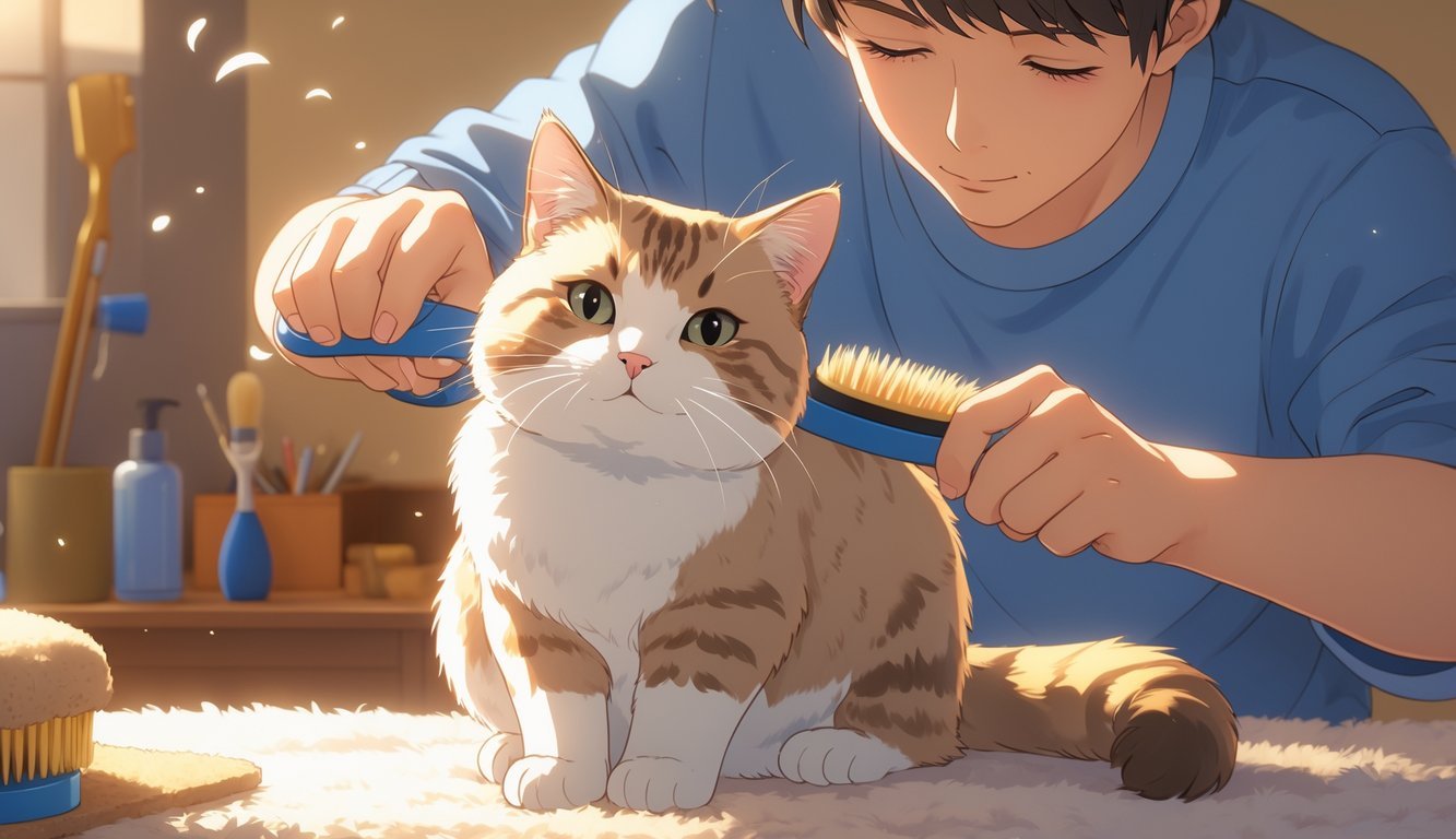 A person gently brushing a short-haired cat with a soft brush while the cat sits calmly indoors.