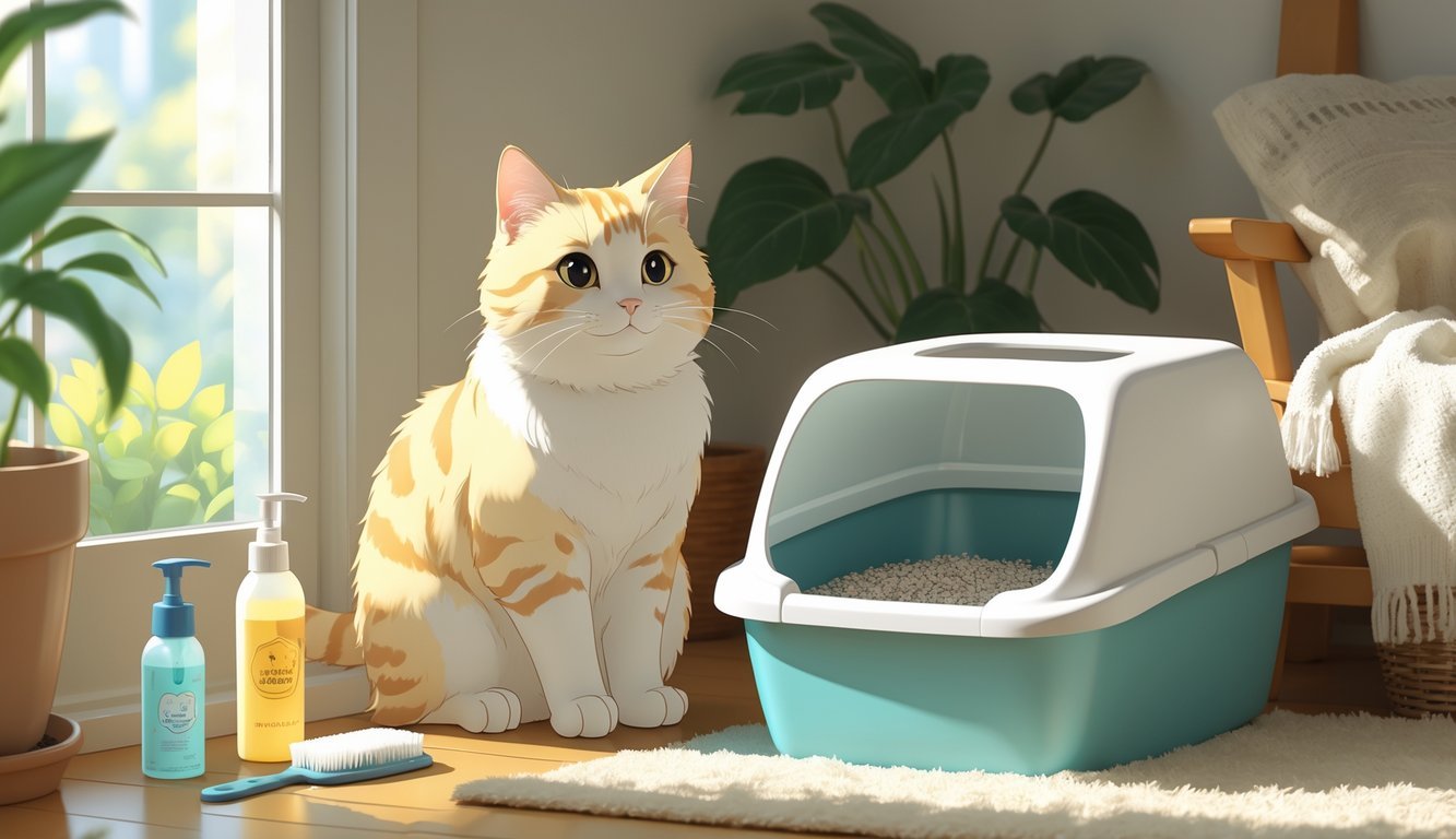 A happy cat sitting next to a clean litter box in a bright, tidy room with sunlight coming through a window.