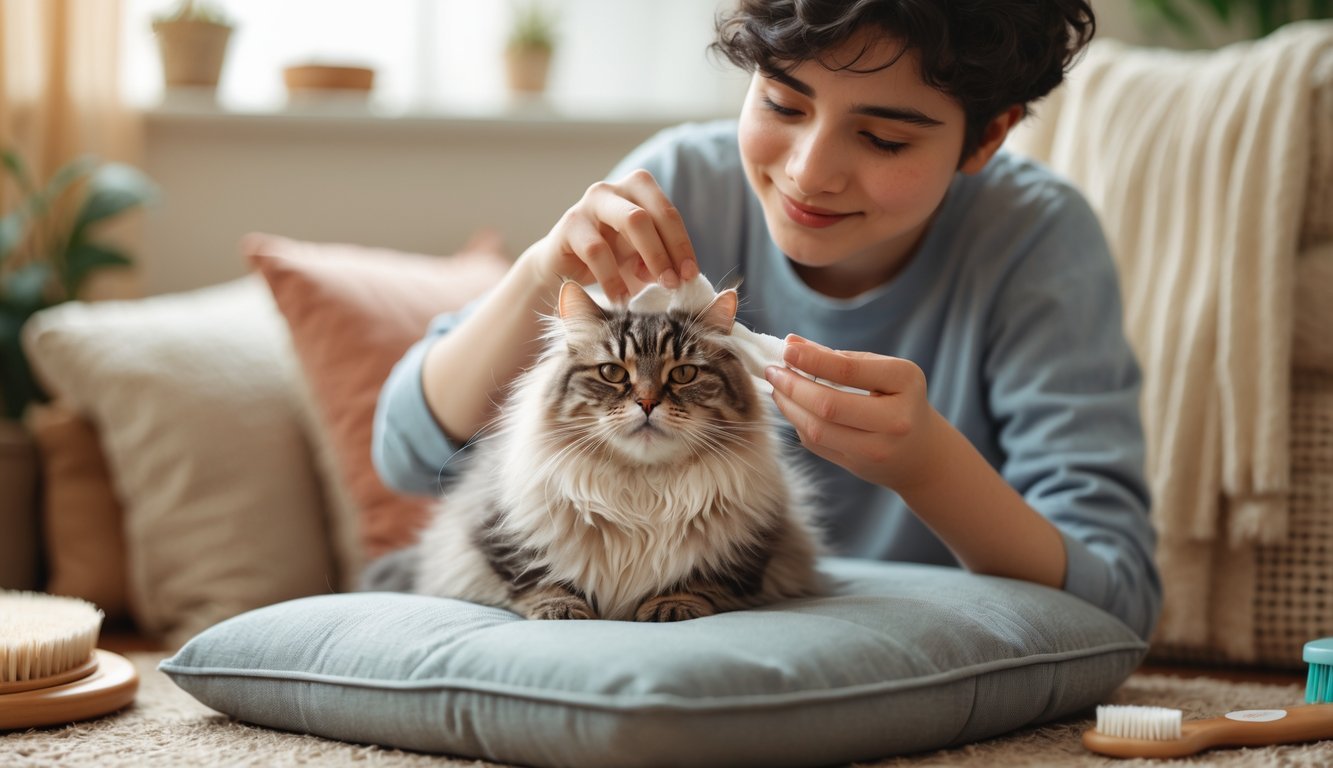 A young person gently cleaning a calm cat's ears in a cozy room.