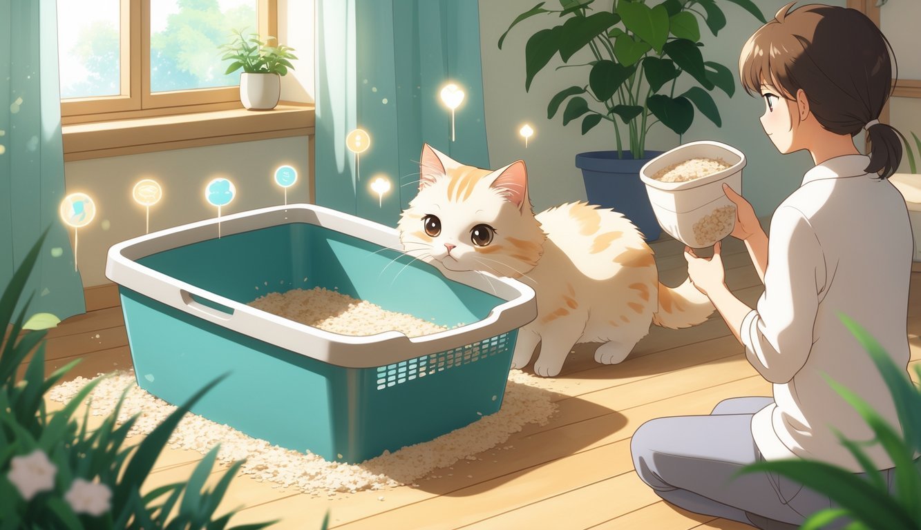 A cat approaches a clean litter box in a bright room while its owner watches nearby with a gentle smile.