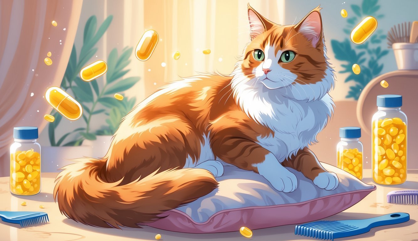 A shiny-coated cat sitting on a cushion with glowing capsules and grooming tools around it.