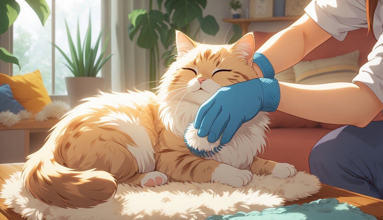 A person using a grooming glove to massage and remove loose fur from a relaxed cat in a cozy room.