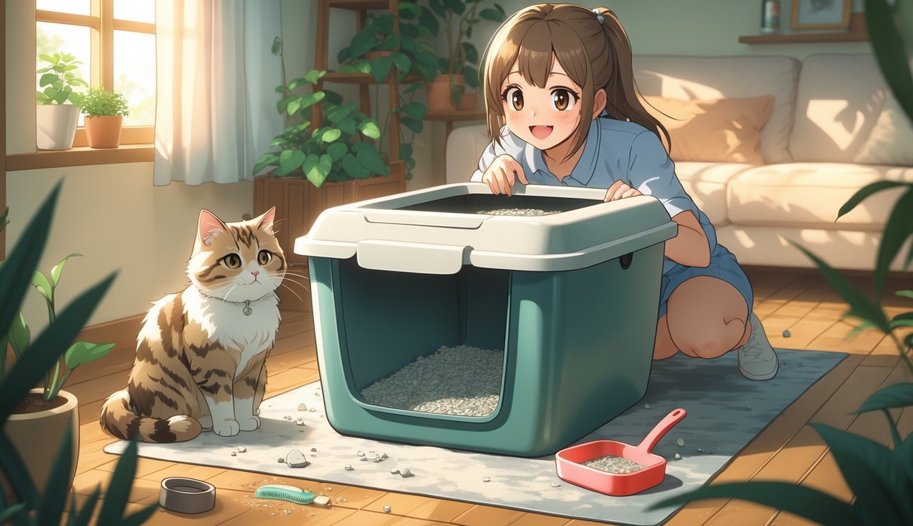 A person cleaning a tidy cat litter box while a relaxed tabby cat watches nearby in a bright, cozy room.