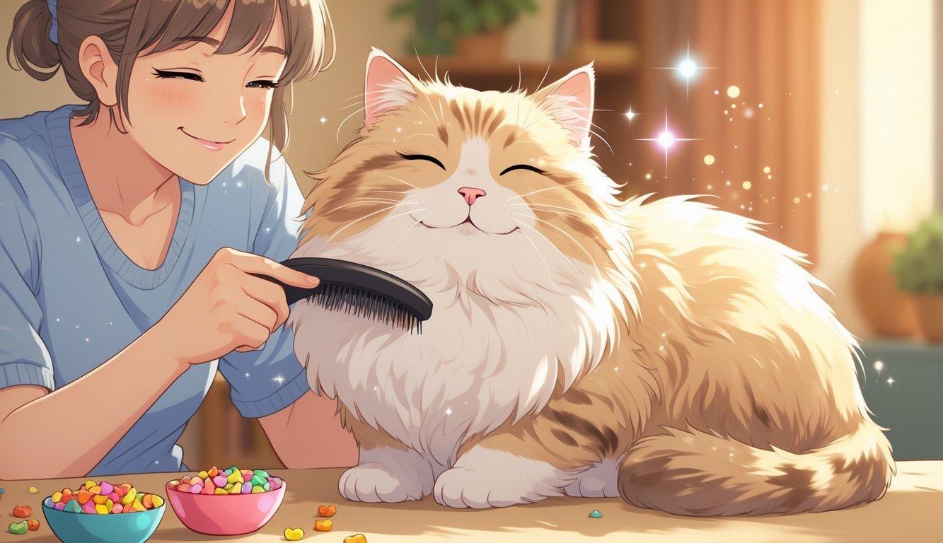 A person gently brushing a relaxed cat indoors with a bowl of treats nearby.