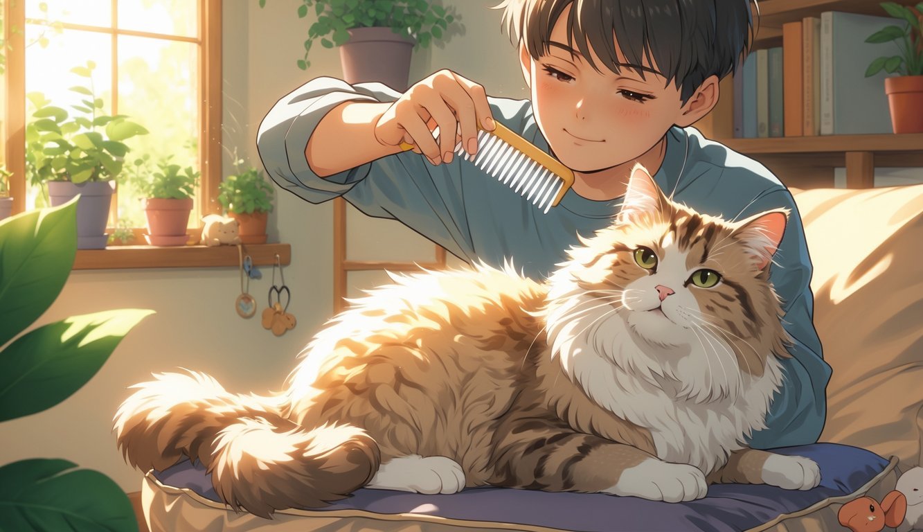 A person gently combing a fluffy cat's fur with a wide-tooth comb in a cozy, sunlit room.